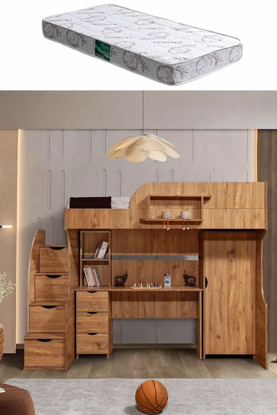 Lit superposé, litera avec armoire et bureau, noyer foncé, 1 matelas Comfort