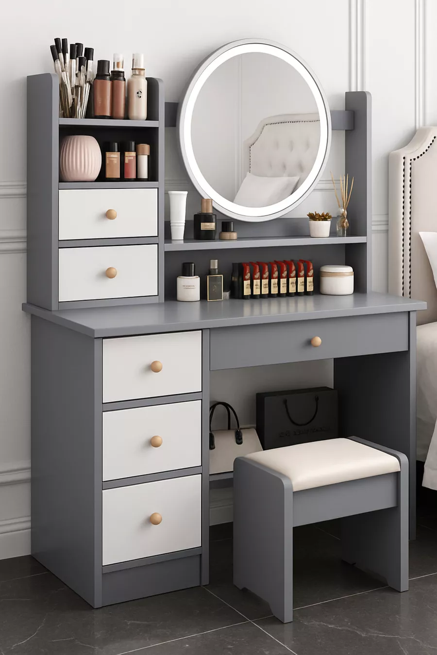 Coiffeuse moderne avec miroir et éclairage LED en MDF de qualité premium de 1ère classe (G)