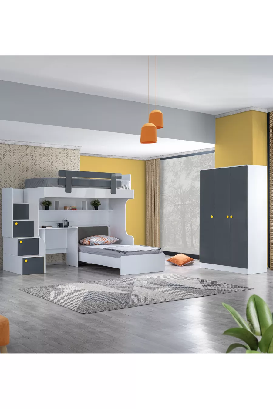 Lits superposés, Lit superposé Metris avec bureau et armoire à 3 portes