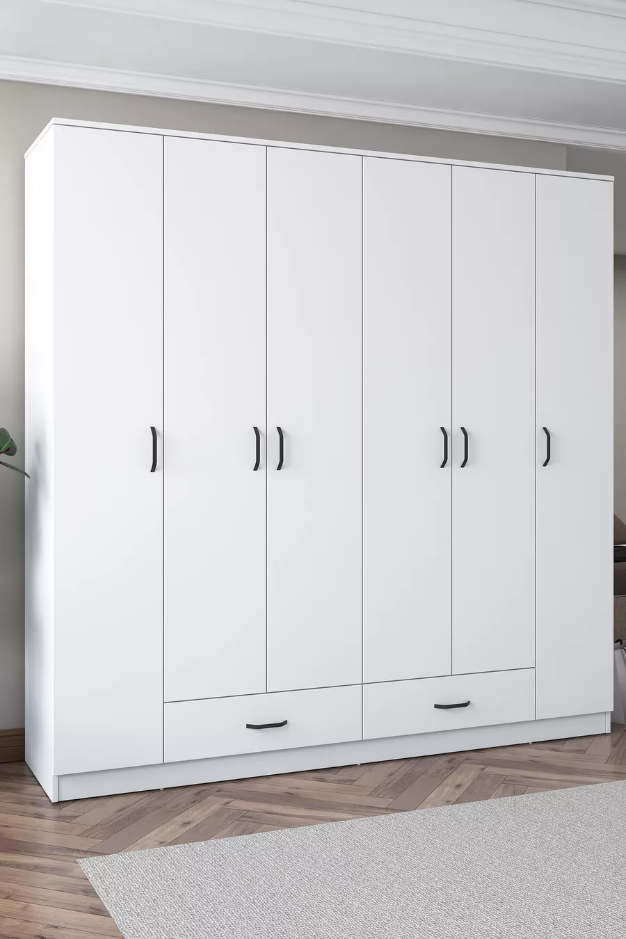 Rani  Großer Kleiderschrank mit 6 Türen, 2 Schubladen,  Regalen und 2 Kleiderstangen, Weiß