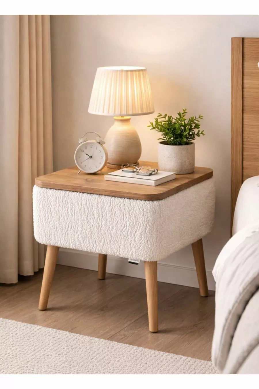 Nivo Drawer Nightstand, Modern Nightstand with Wooden Legs and Teddy Fabric Upholstery