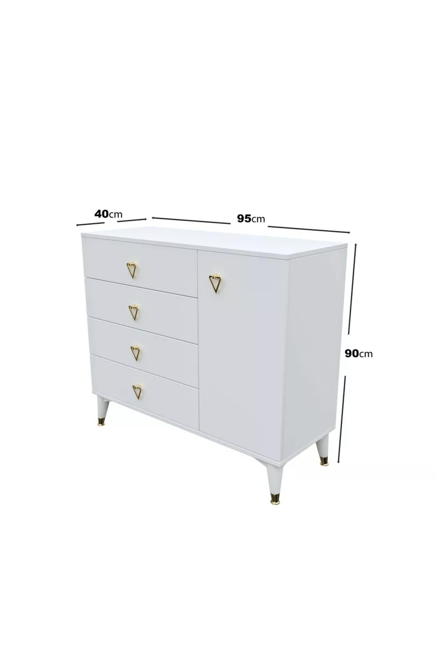 Commode moderne simple avec 4 tiroirs et 1 porte, blanc et doré