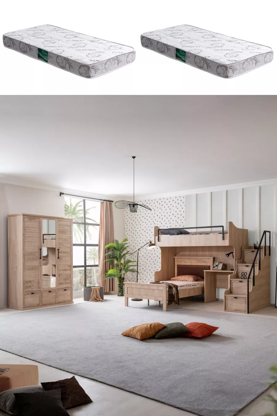 Lits superposés, Ensemble de chambre pour jeunes Polo avec bureau, lit superposé en noyer, armoire à 3 portes, 2 matelas Comfort
