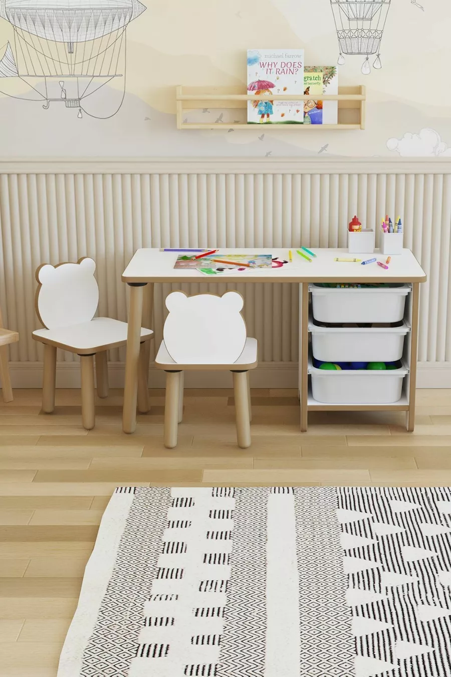 Kids Table and Chair Set-3 Basket Work and Activity Table-Dry-Erase Surface-2 Panda Chairs