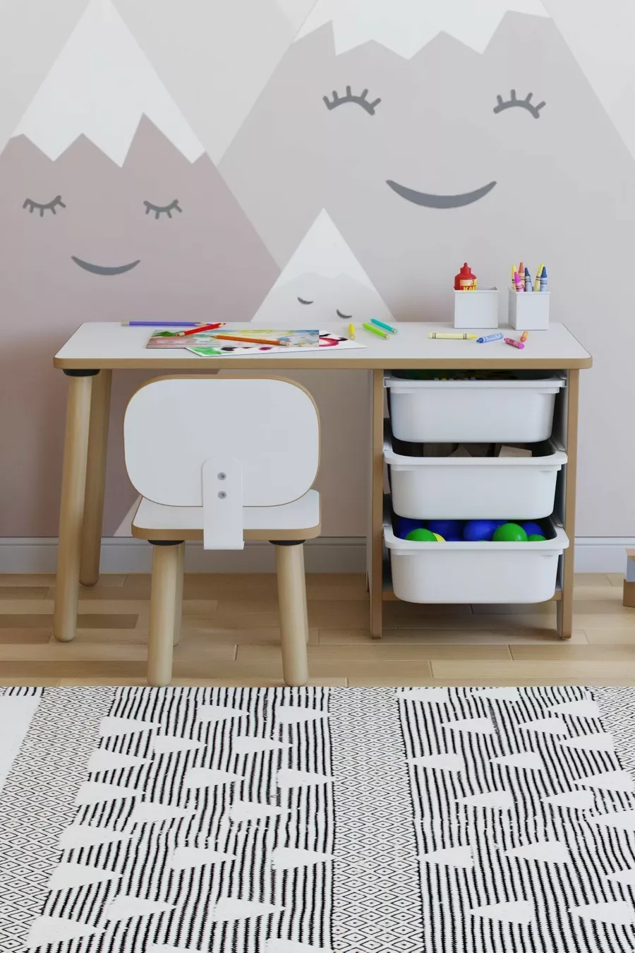 Kids Table and Chair Set Cm 3 with Basket Children’s Study Table Activity Table Write-Erase
