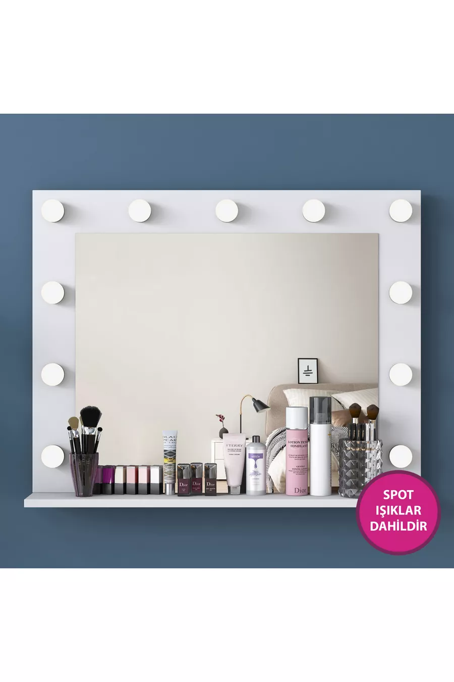 Rani Coiffeuse avec Miroir Éclairé de Style Hollywood, Table en Verre et Organisateur de Bijoux, Blanc