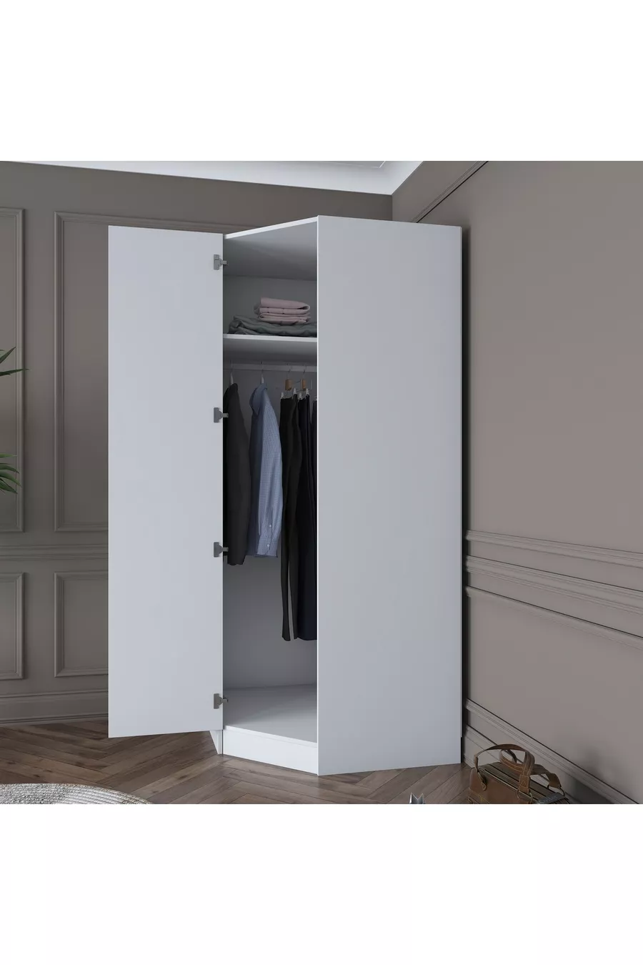 Rani  Eckmodul-Kleiderschrank mit 1 Tür, 6 Regalen und Kleiderstange, Ergänzendes Eckelement, Weiß