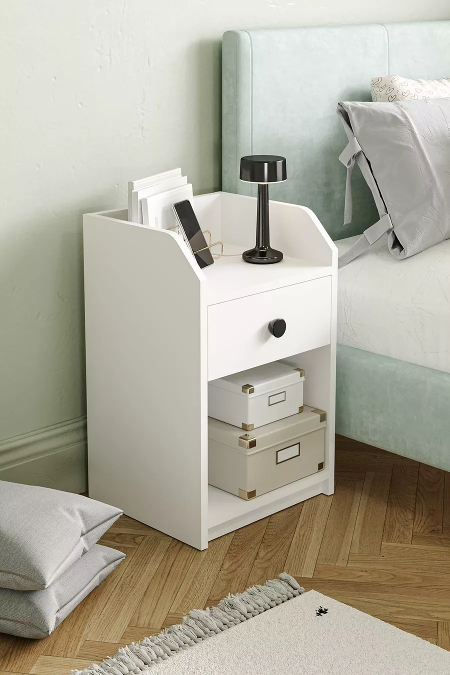 Camera da letto Urartu comodino bianco con un cassetto