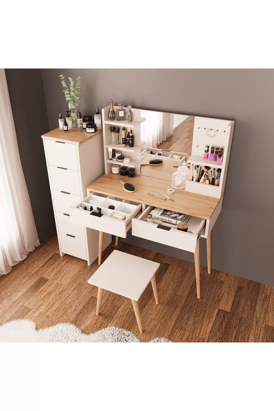 Ensemble de coiffeuse Bella avec tabouret et armoire à 2 tiroirs, couleur sable-panier | Avec miroir et crochets