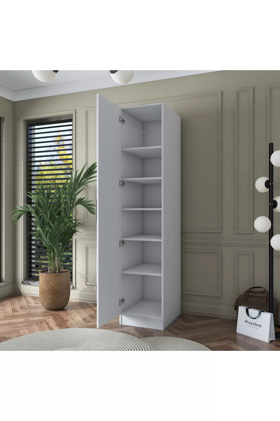 Rani  Kleiderschrank mit einer Tür und 5 Regalen Weiß