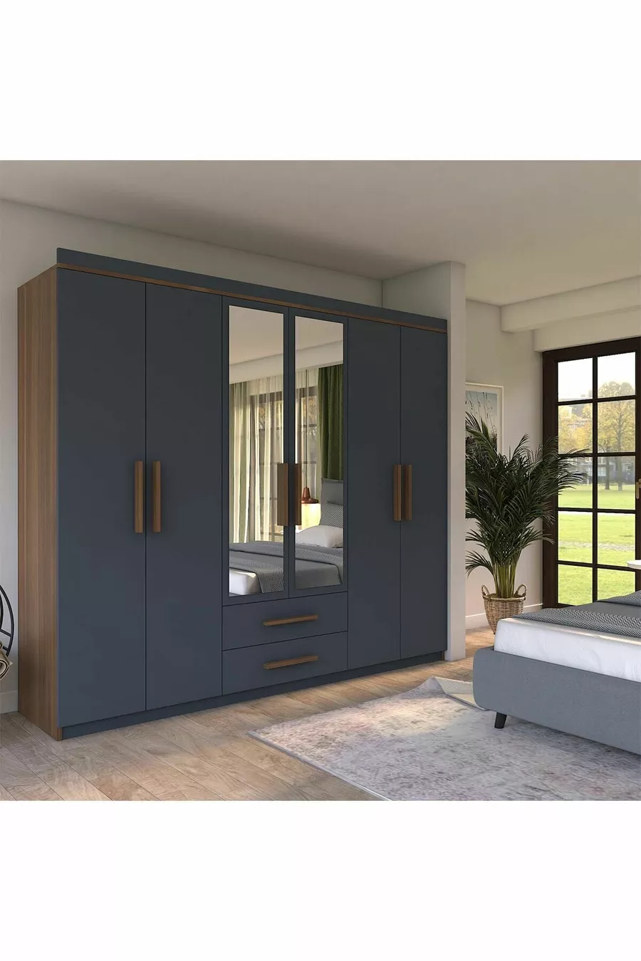  Armina Luxe Armoire 6 Portes 2 Tiroirs avec Miroir Noyer-Gris Anthracite