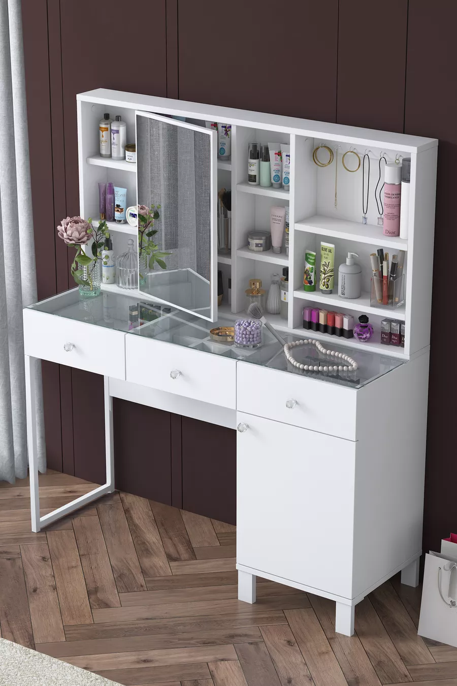 Rani Schminktisch mit Spiegeltür und Schublade, Schmuck-Organizer mit Haken, Weiß