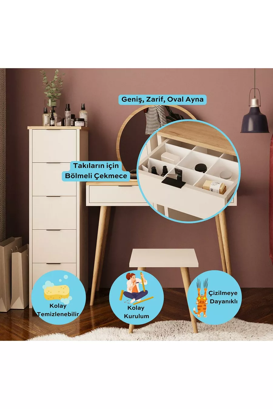 Ensemble de coiffeuse Lucy – Panier en grès | Avec tabouret, miroir, multifonction