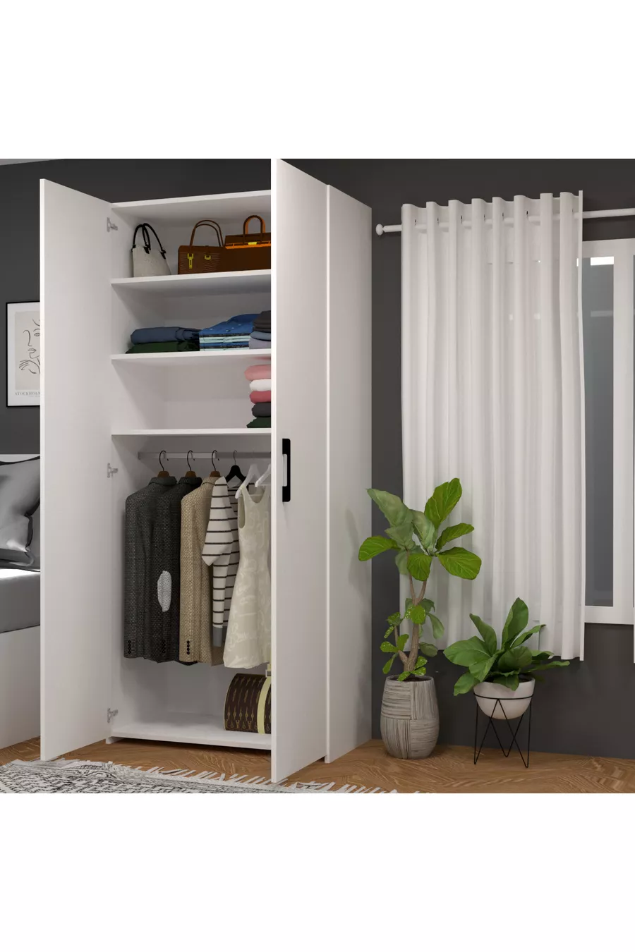 Armoire Retro-9 à 3 étagères et 2 portes avec poignées, blanc