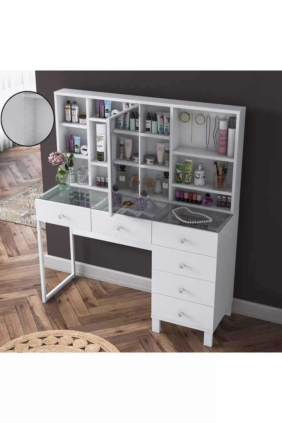Coiffeuse avec tiroirs Rani à miroir et couvercle, organiseur de bijoux avec crochets, blanc