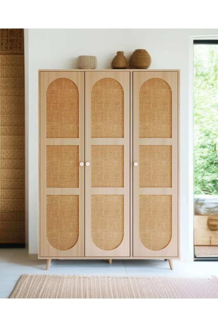 Bali Bohem Dreitüriger Kleiderschrank – Kleiderschrank mit MDF-Türen und Jutestoff | Eichenfarbe –