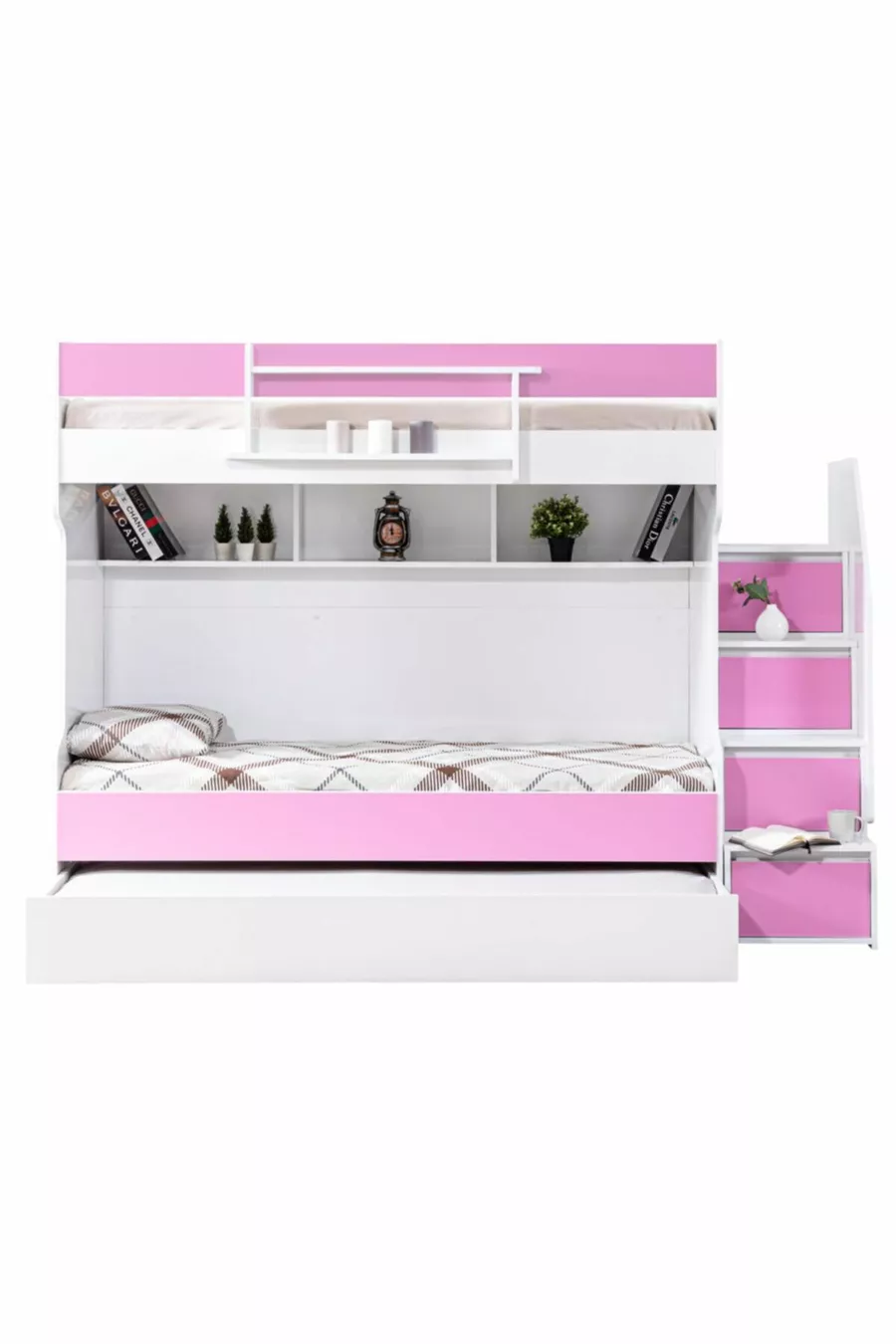 Lits superposés Ranza, courageux avec petit lit - Rose, 3 matelas confort