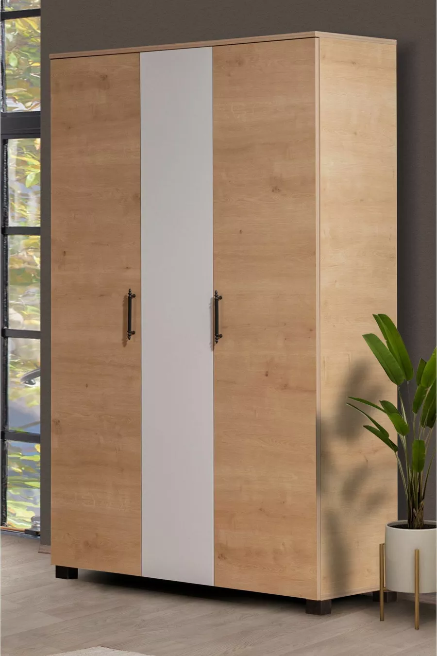 Lit superposé, Lit superposé Aura avec bureau et armoire à 3 portes, Noyer et blanc
