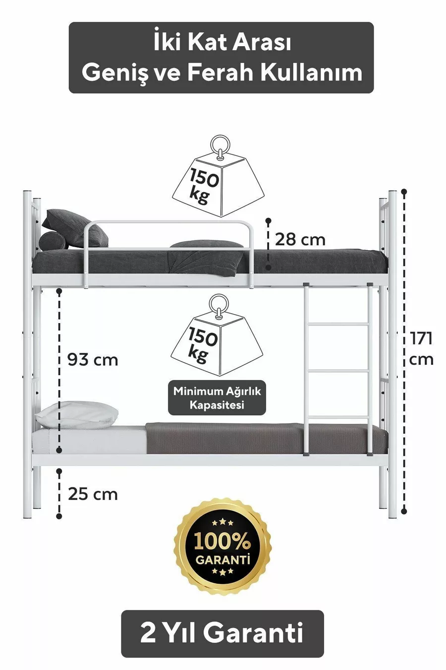 Lits superposés Tekno compatibles avec matelas, métal blanc détachable
