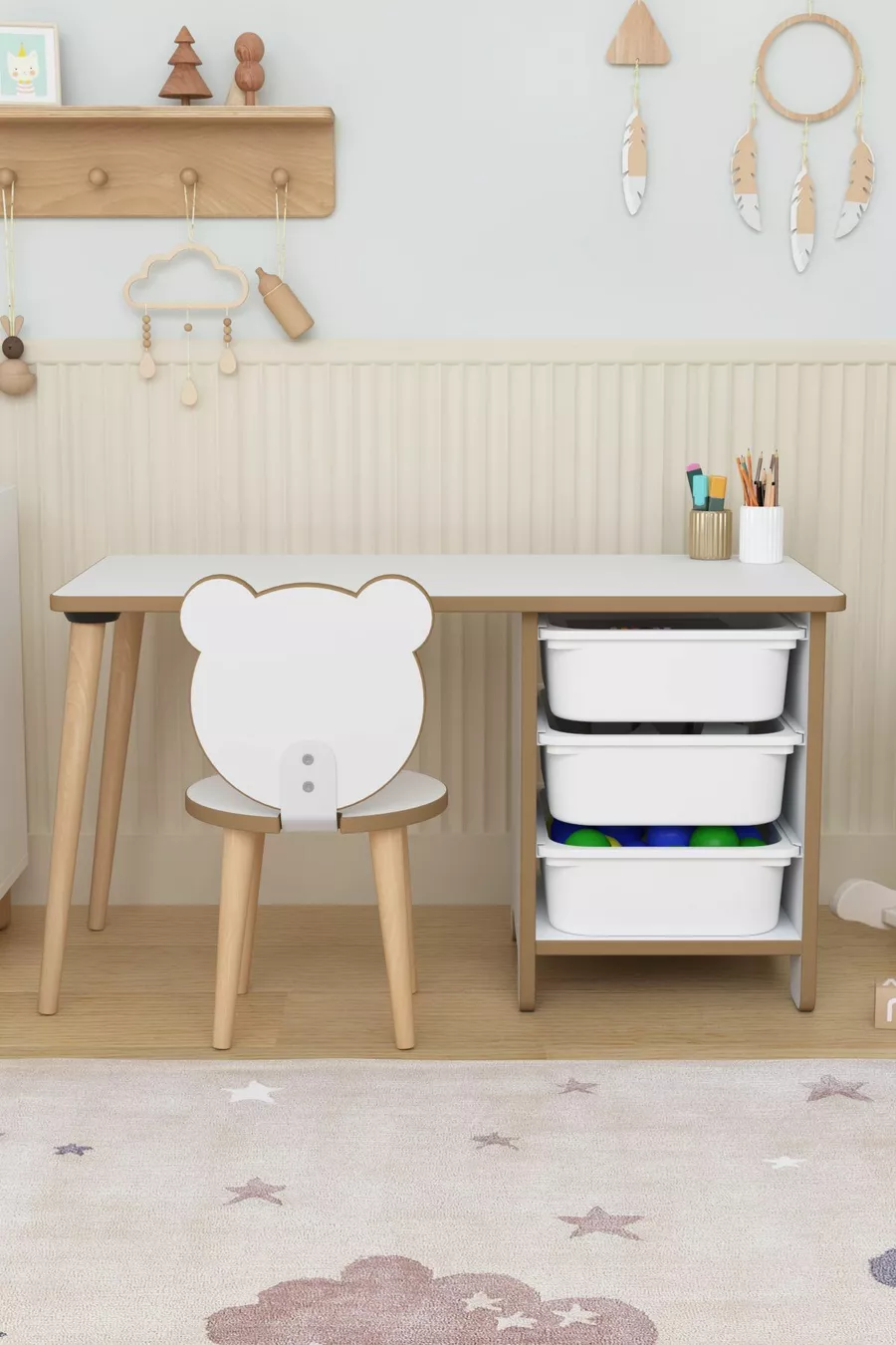 Table d'activité pour enfants avec 3 paniers, bureau pour enfants avec chaise à dossier - Panda