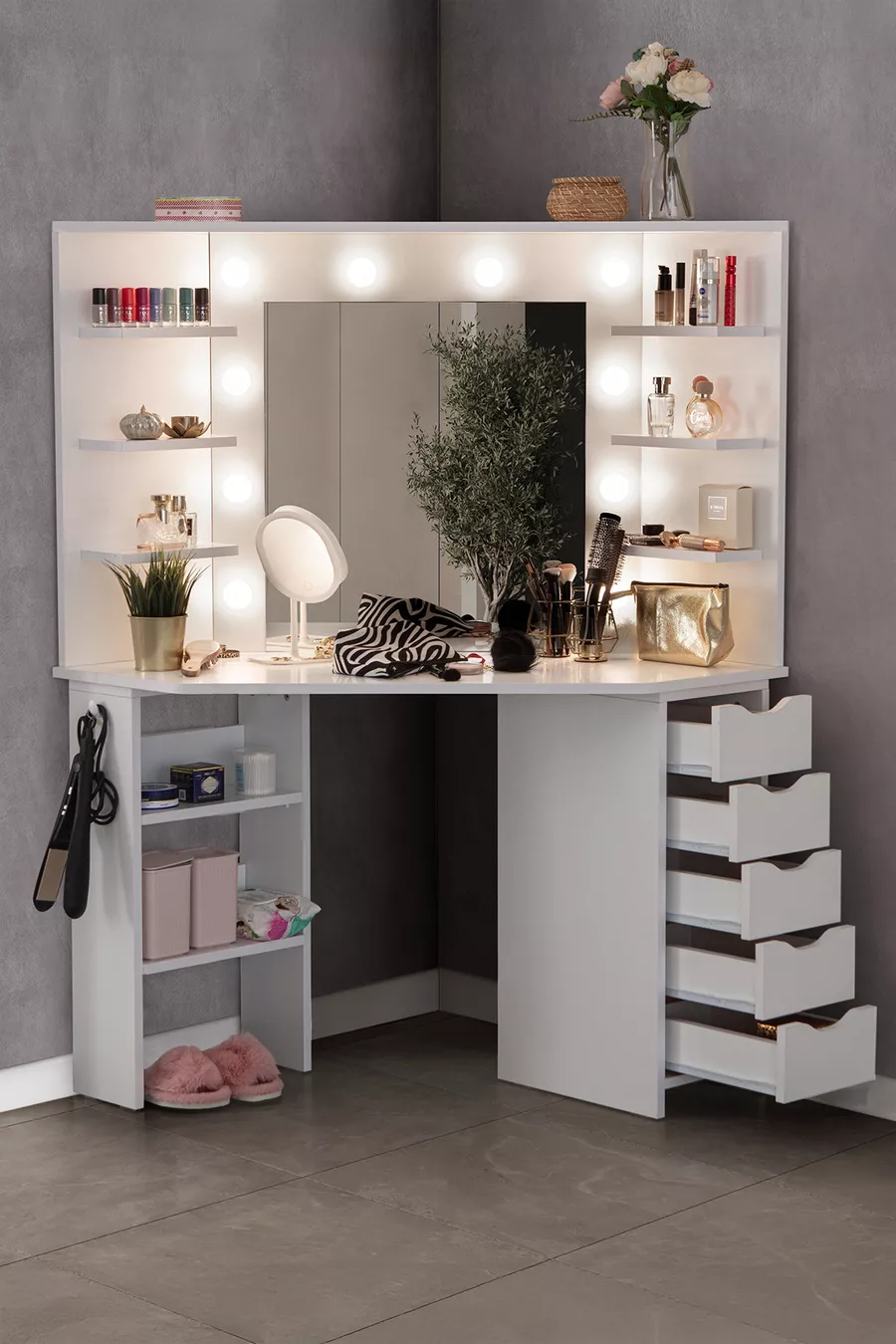 Diva Corner Hollywood LED Lighted Mirror 5-Drawer Makeup Vanity Table