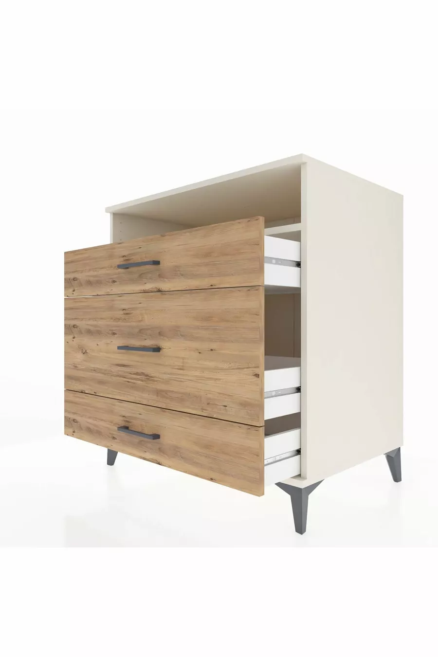 Commode Kronos avec une étagère et 3 tiroirs, Pierre de Lune-Pin