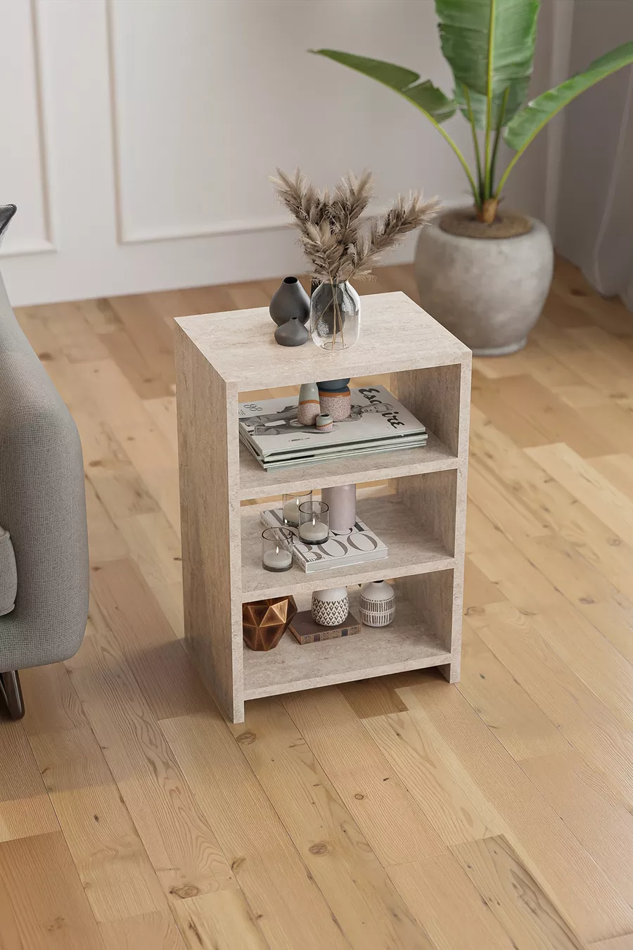 Table de chevet à 4 étagères pour chambre à coucher, table de chevet avec compartiments, table de chevet de chevet - Travertin