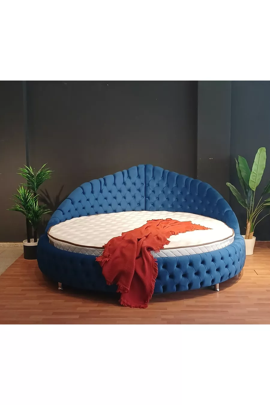 Ensemble Lit Rond avec Tête de Lit et Sommier Bleu