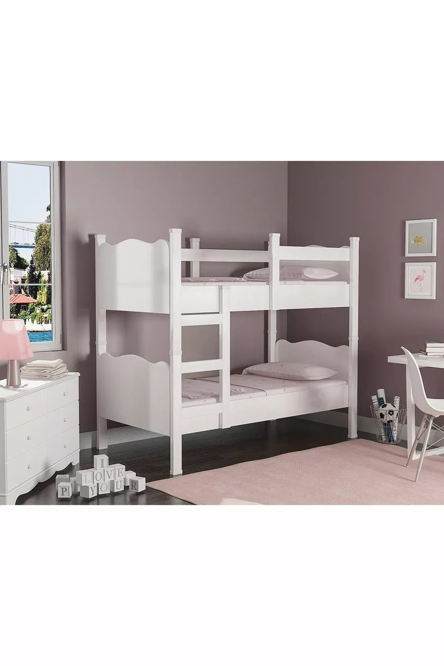 Lit superposé double en MDF avec profil, blanc, séparables