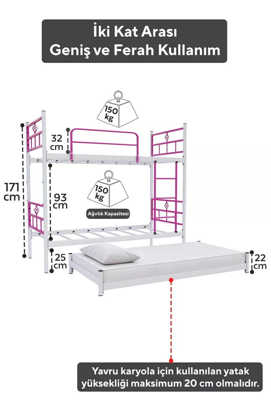 Lit superposé Koza avec tiroir pour 3 personnes Compatible avec lit, lit superposé en métal rose foncé
