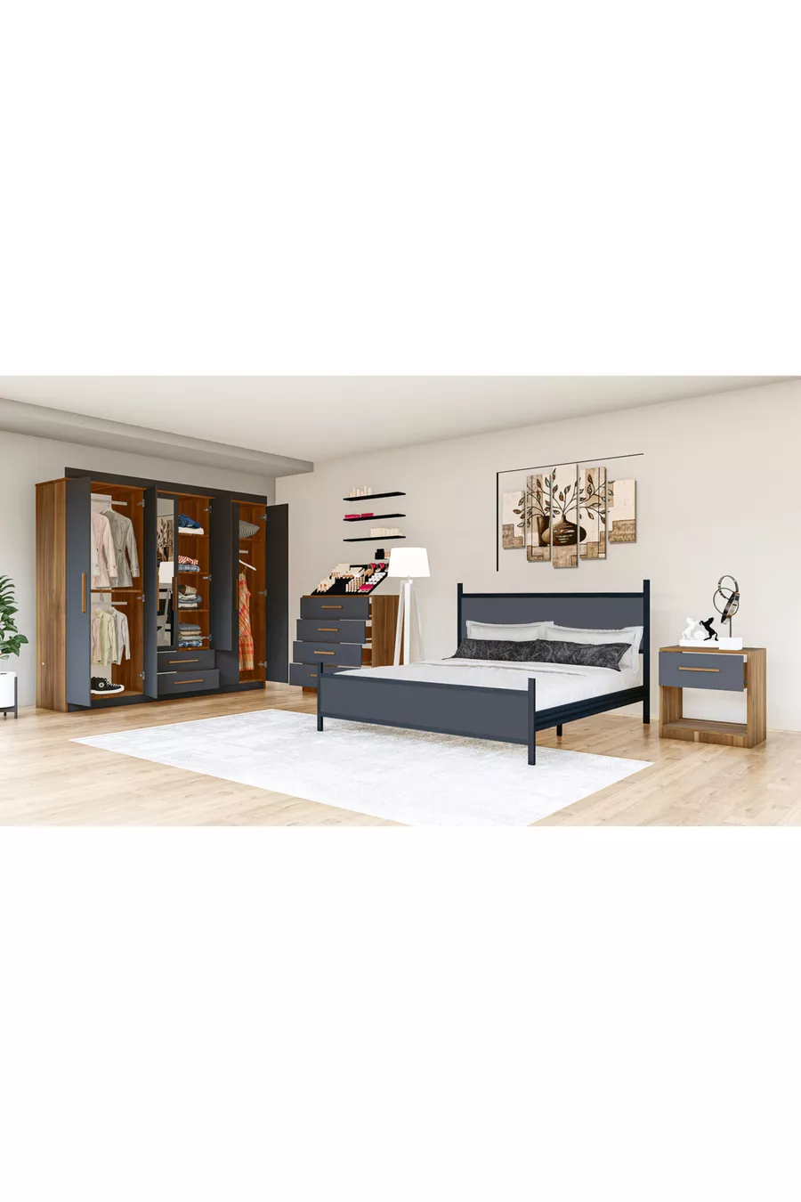 SET CAMERA DA LETTO METALA, GRIGIO ANTRACITE, 6 ANTE