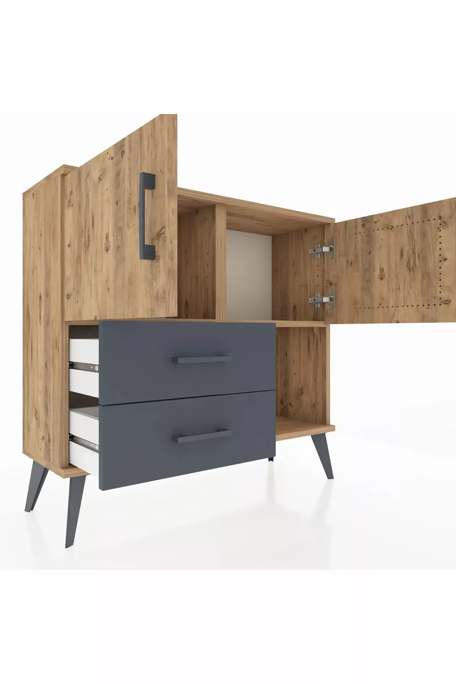 Commode Arges 2 étagères 2 tiroirs 2 portes Pin-Pin/Anthracite