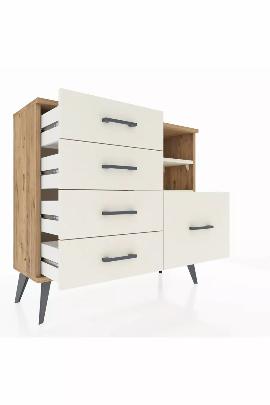 Commode Arges 2 étagères 5 tiroirs Pin-Pierre de lave
