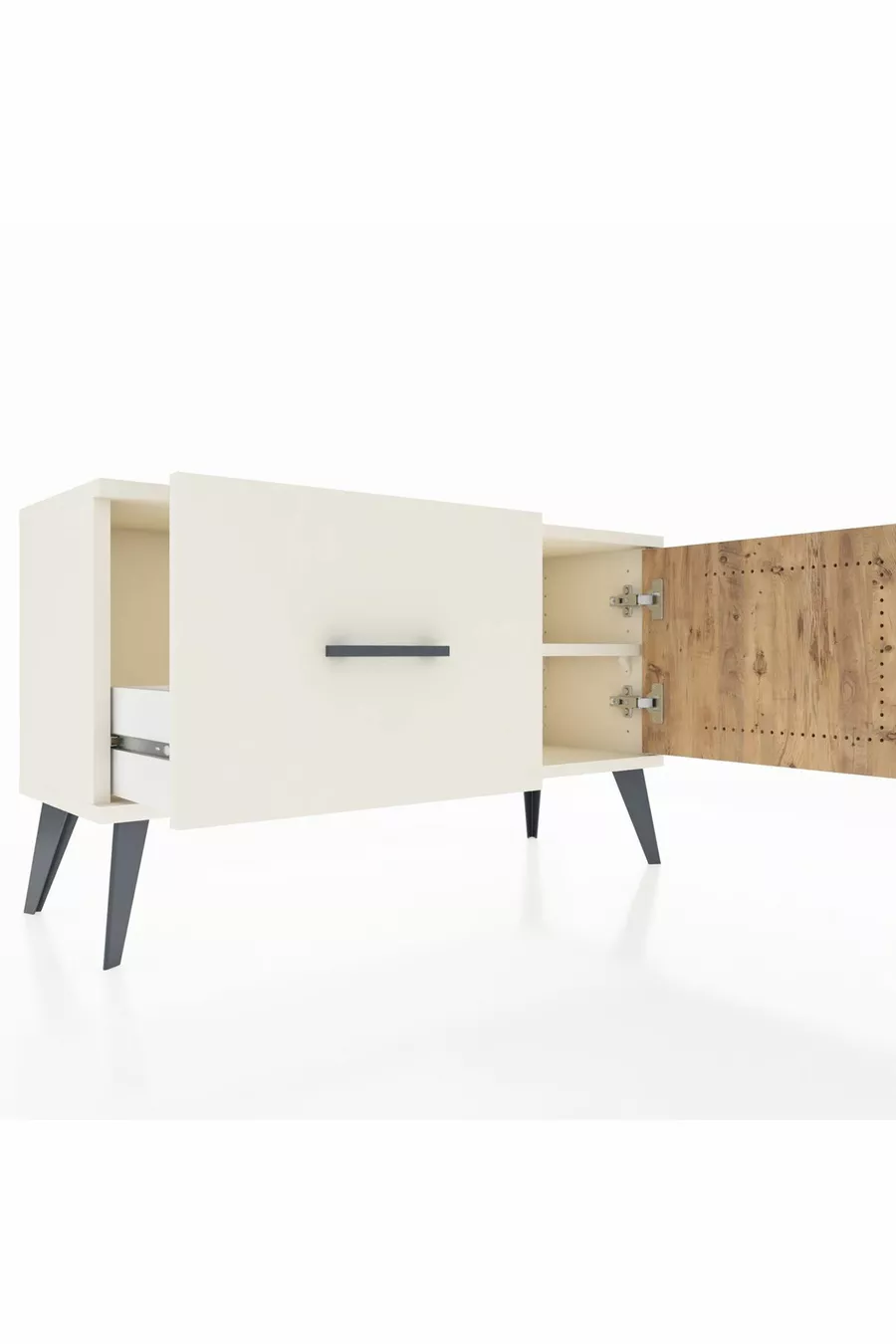 Commode Arges avec une étagère, un tiroir et une porte, coloris Pierre de Lune-Pin/Pierre de Lune