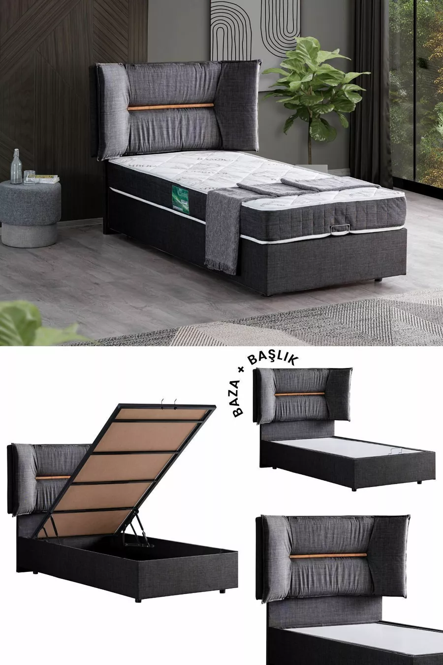 Set double Lisbon, ensemble tête de lit pour lit simple, anthracite