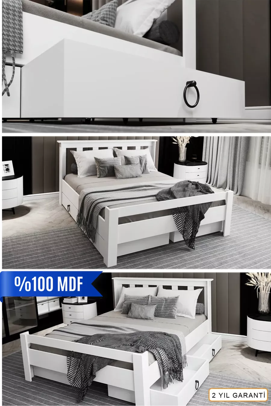 Lit double Arya compatible avec matelas, en MDF blanc avec tiroirs Maçy-1