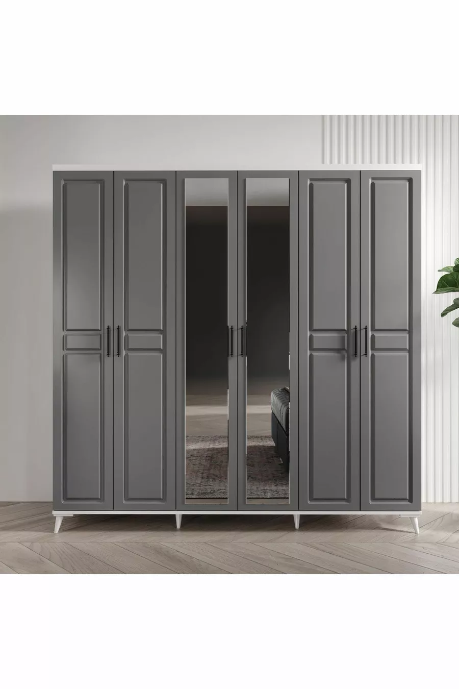 Ensemble de chambre à coucher complet en MDF Sport avec 6 portes, anthracite-blanc, incluant le sommier