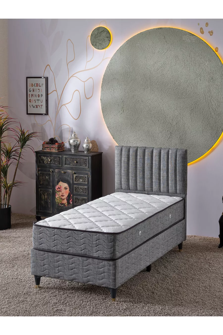 Ezgi Ensemble 3 pièces pour une personne (Sommier + Tête de lit + Matelas) (Lin Gris)