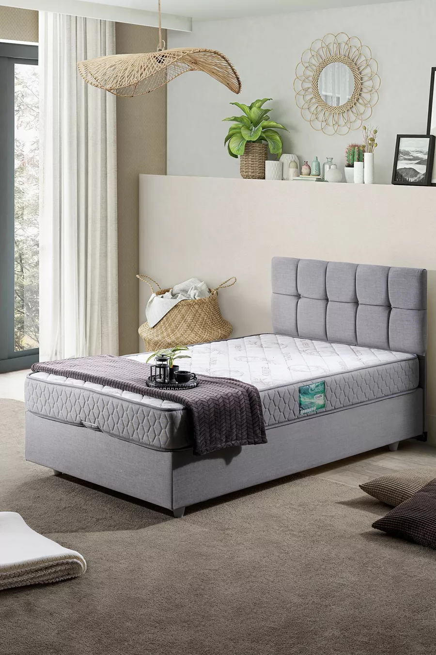 Set Berlin Double, Ensemble Tête de Lit et Cadre Simple - Gris Clair