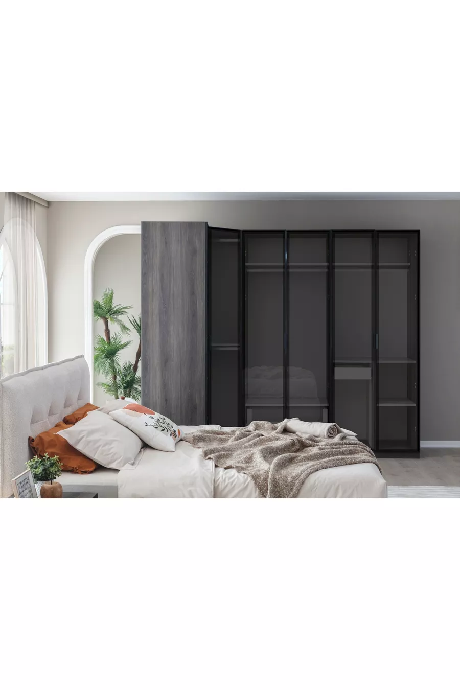ENSEMBLE DE CHAMBRE PANDOR NOX AVEC VITRES, MODULE D'ANGLE, NOYER FONCÉ