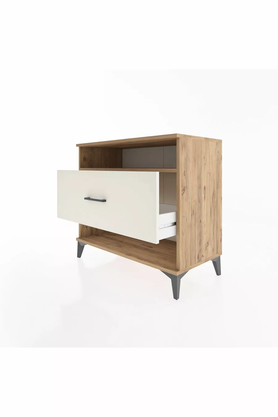 Commode Hyperion à une étagère et un tiroir, pin et marbre d'onyx