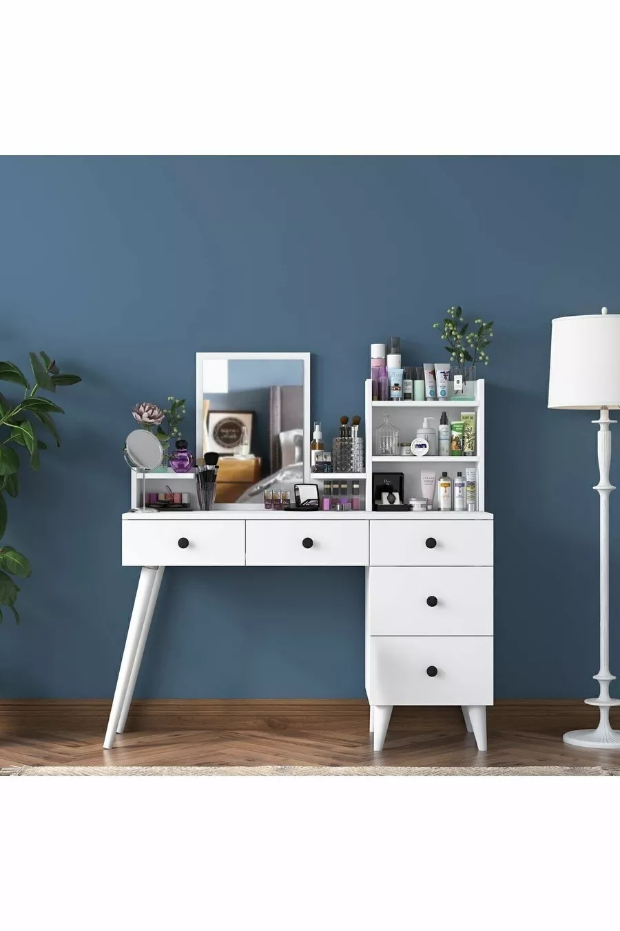 Coiffeuse avec miroir et 5 tiroirs, étagère pour bijoux, blanche