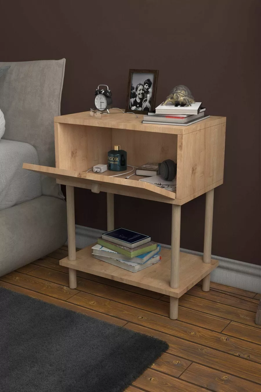 Table de chevet moderne avec étagère et couvercle batant, organisateur de chambre à coucher avec pieds en bois - Chêne Saphir