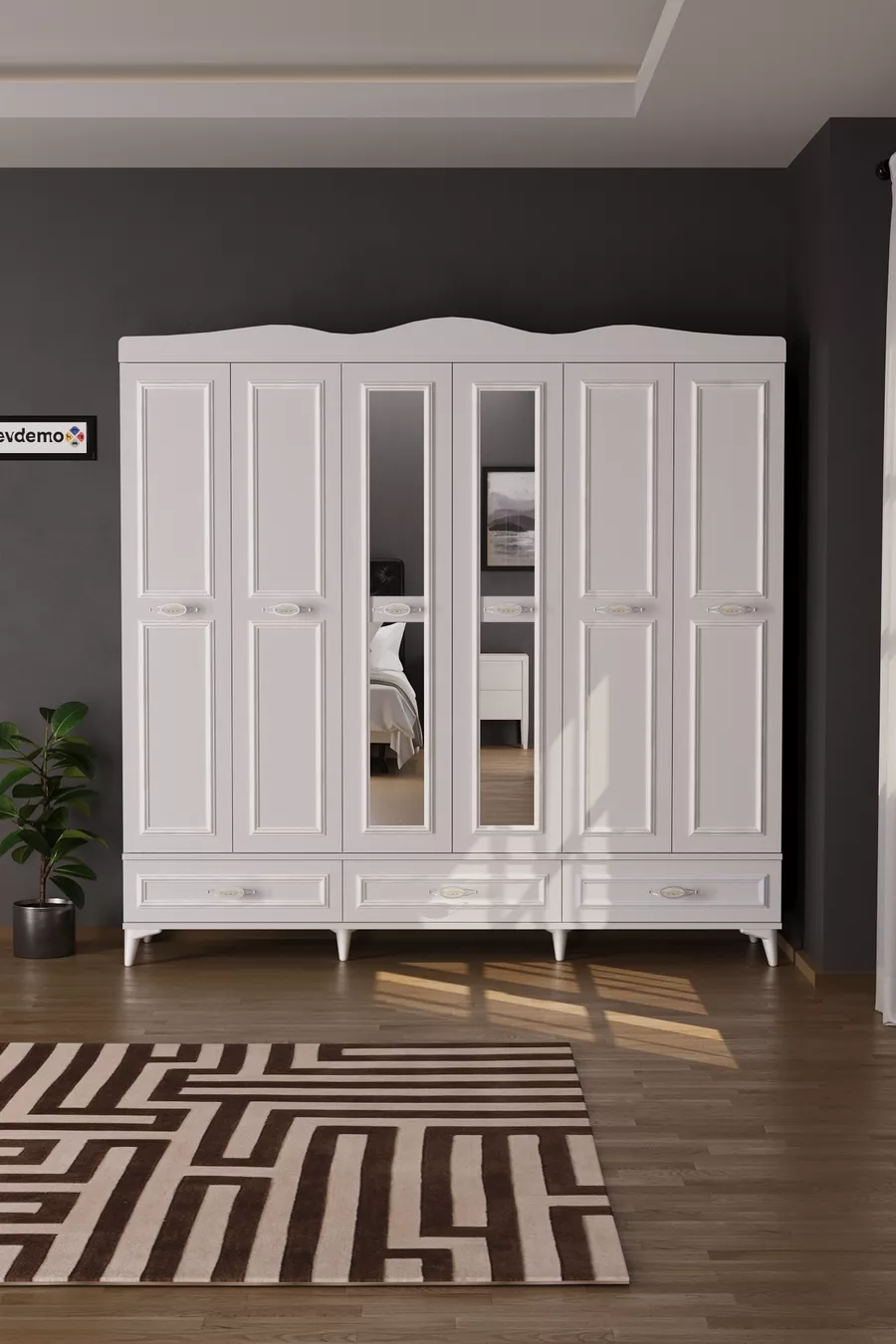 Armadio bianco Luna 6 con specchio, 3 cassetti e ante