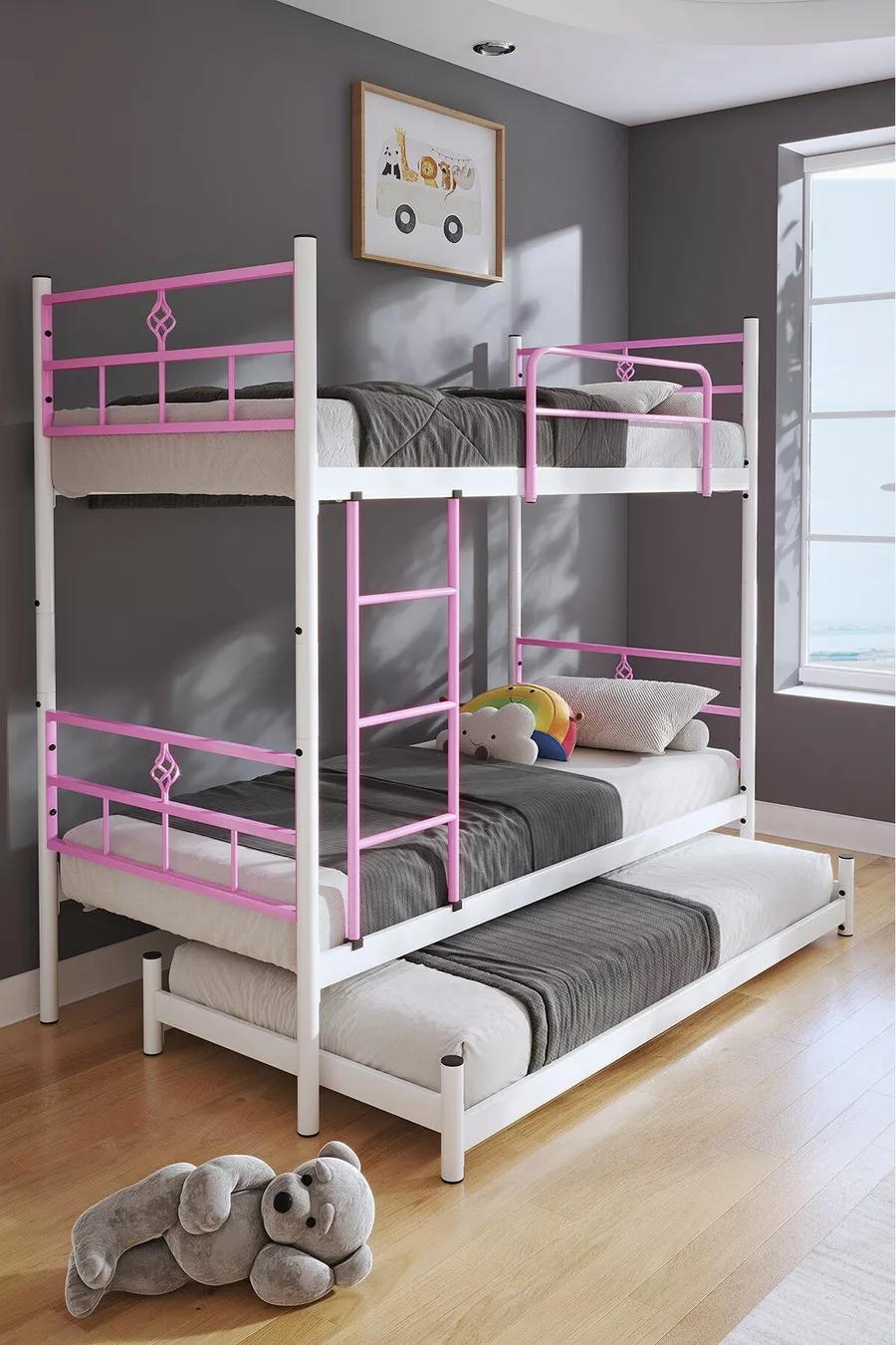Koza Etagenbett mit Gästebett, geeignet für 3 Personen, Hellrosa Metallbett