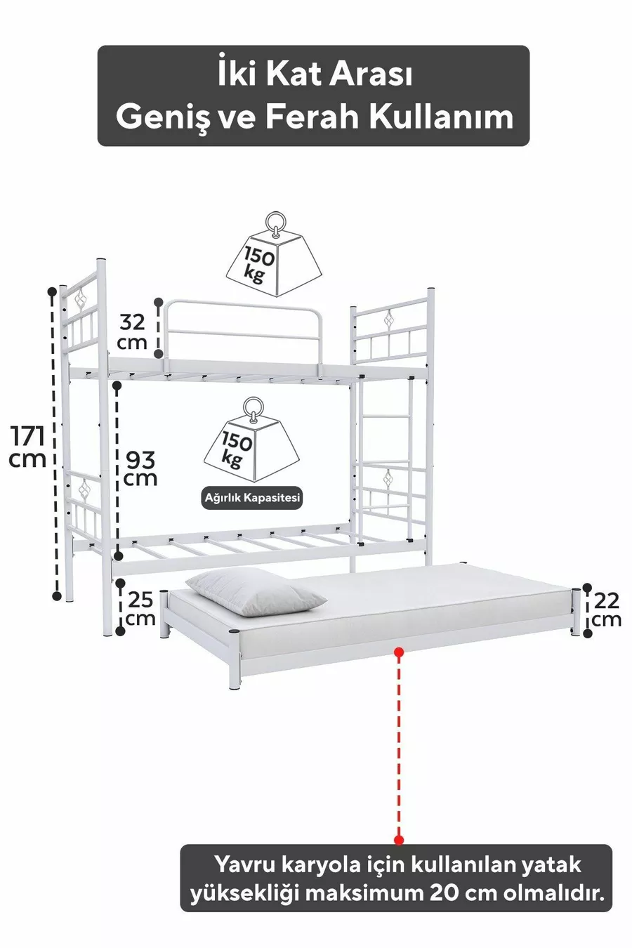 Lit superposé Koza avec tiroir, compatible pour 3 personnes, métal blanc