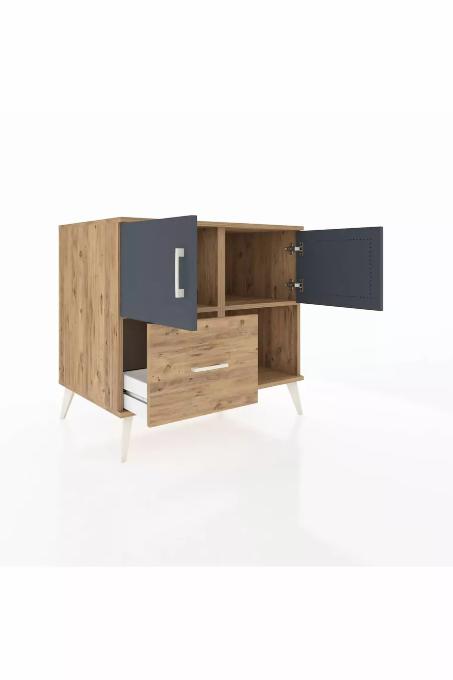 Commode Kronos avec 2 étagères, 1 tiroir et 2 portes, Pin-Anthracite/Pin