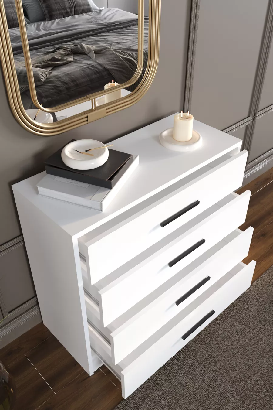 Commode Mira à 4 tiroirs, blanche, poignées noires, cm