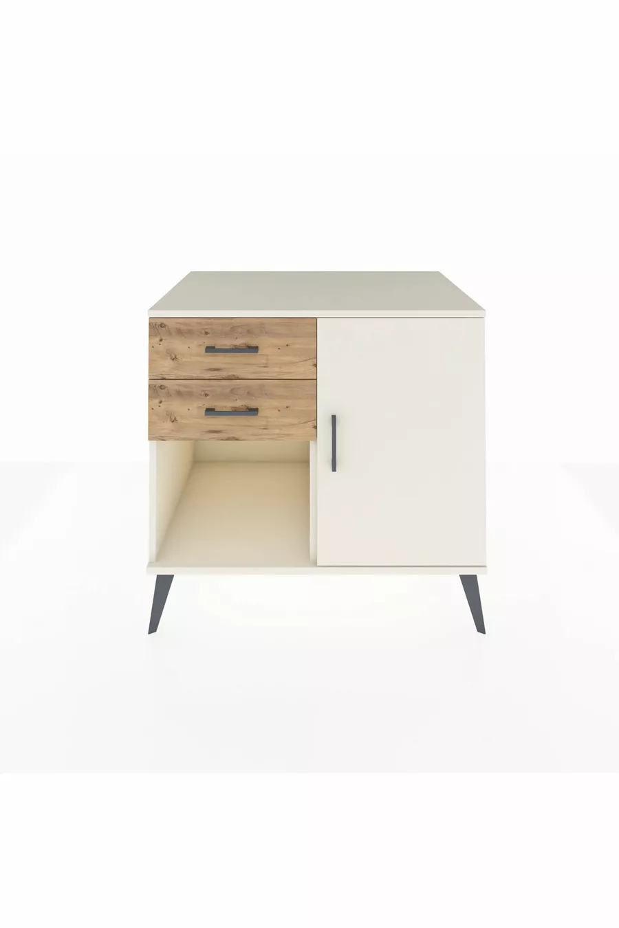 Commode Kronos à une étagère, 2 tiroirs et une porte, Pierre de Lune / Pin