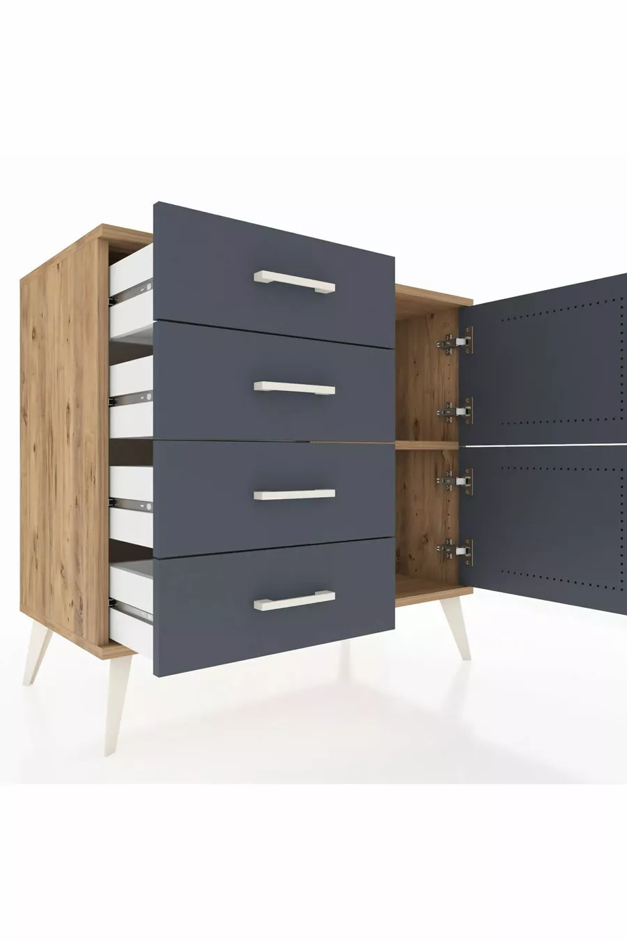 Commode Hyperion à une étagère, 4 tiroirs, 2 portes, pin-anthracite